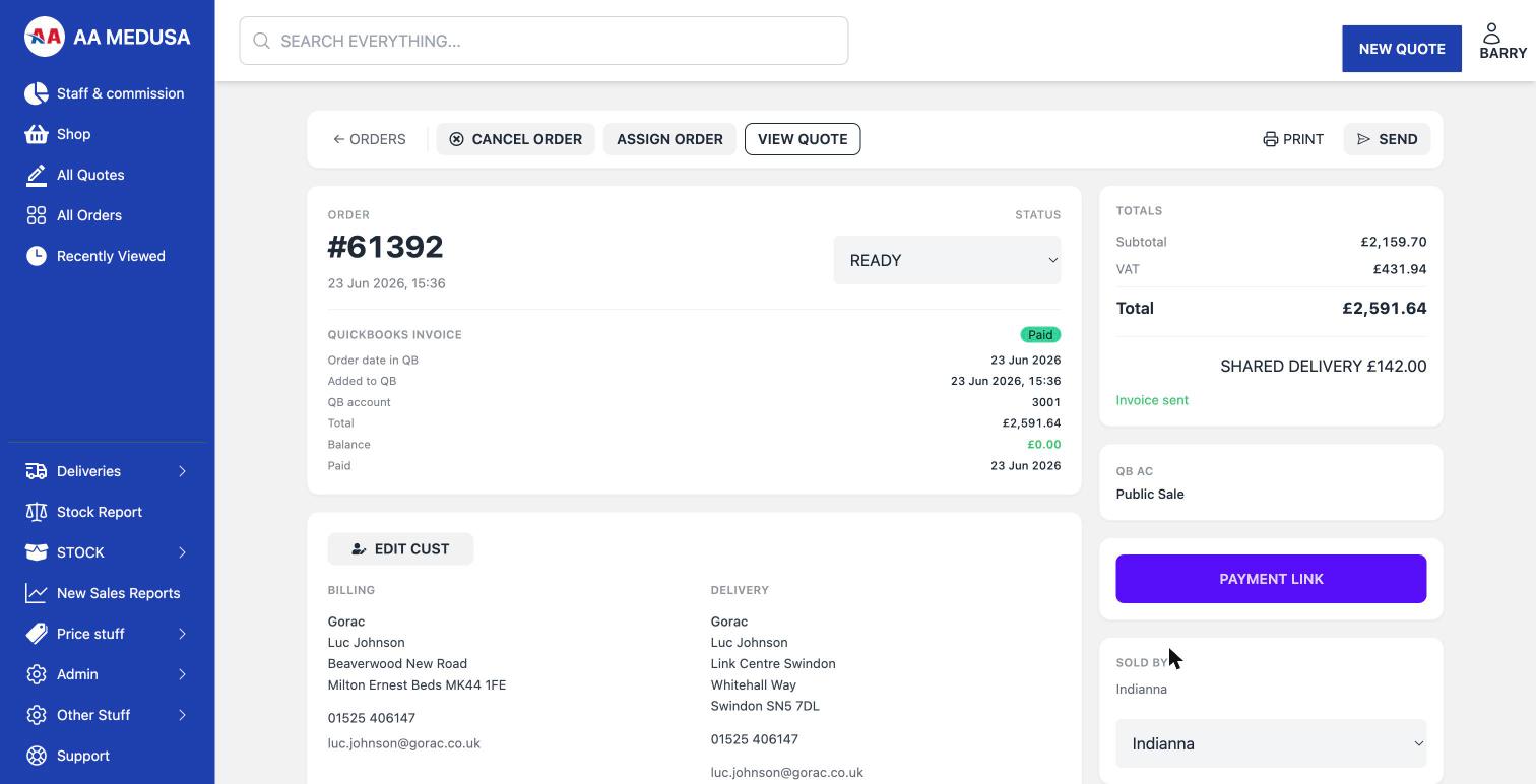 Order detail screen with QuickBooks invoice sync