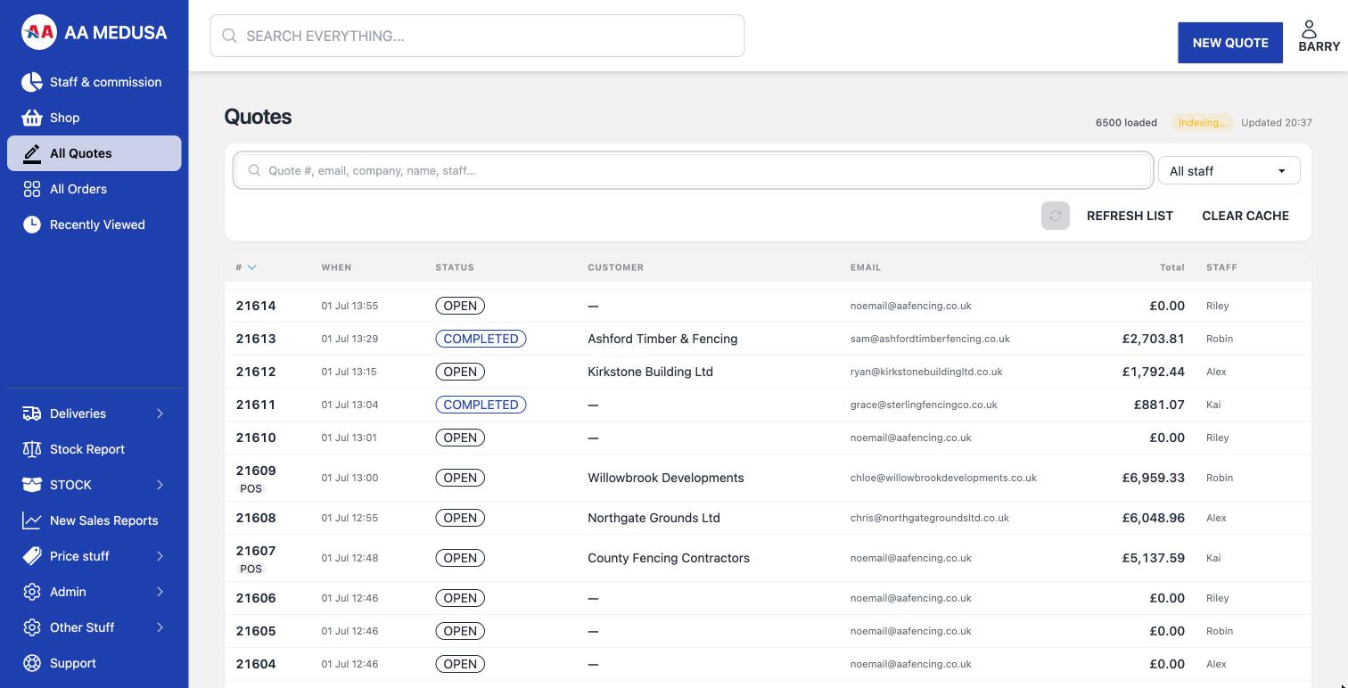 Quote pipeline list with search and staff filters