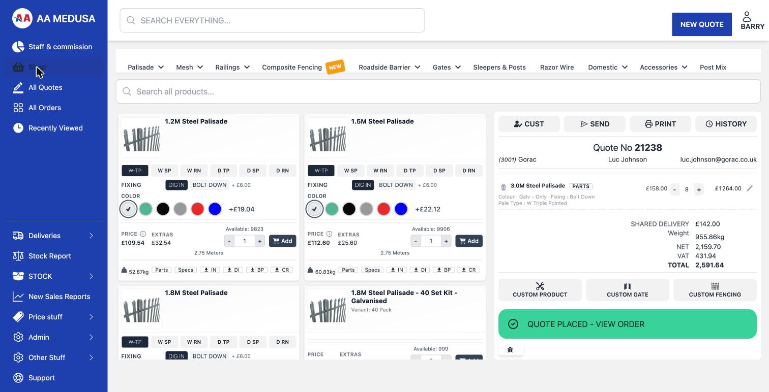 Shop and till screen with product catalogue and running quote