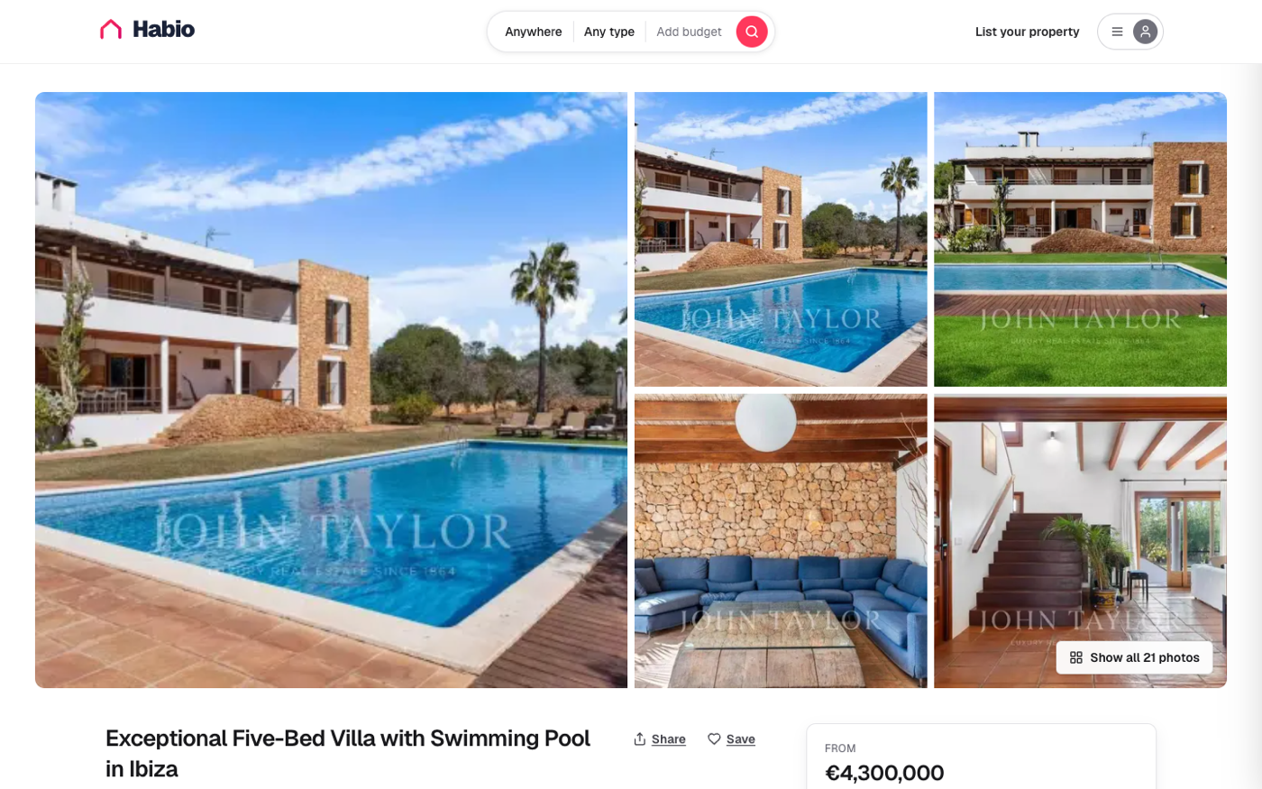 Habio property detail page for a villa in Ibiza