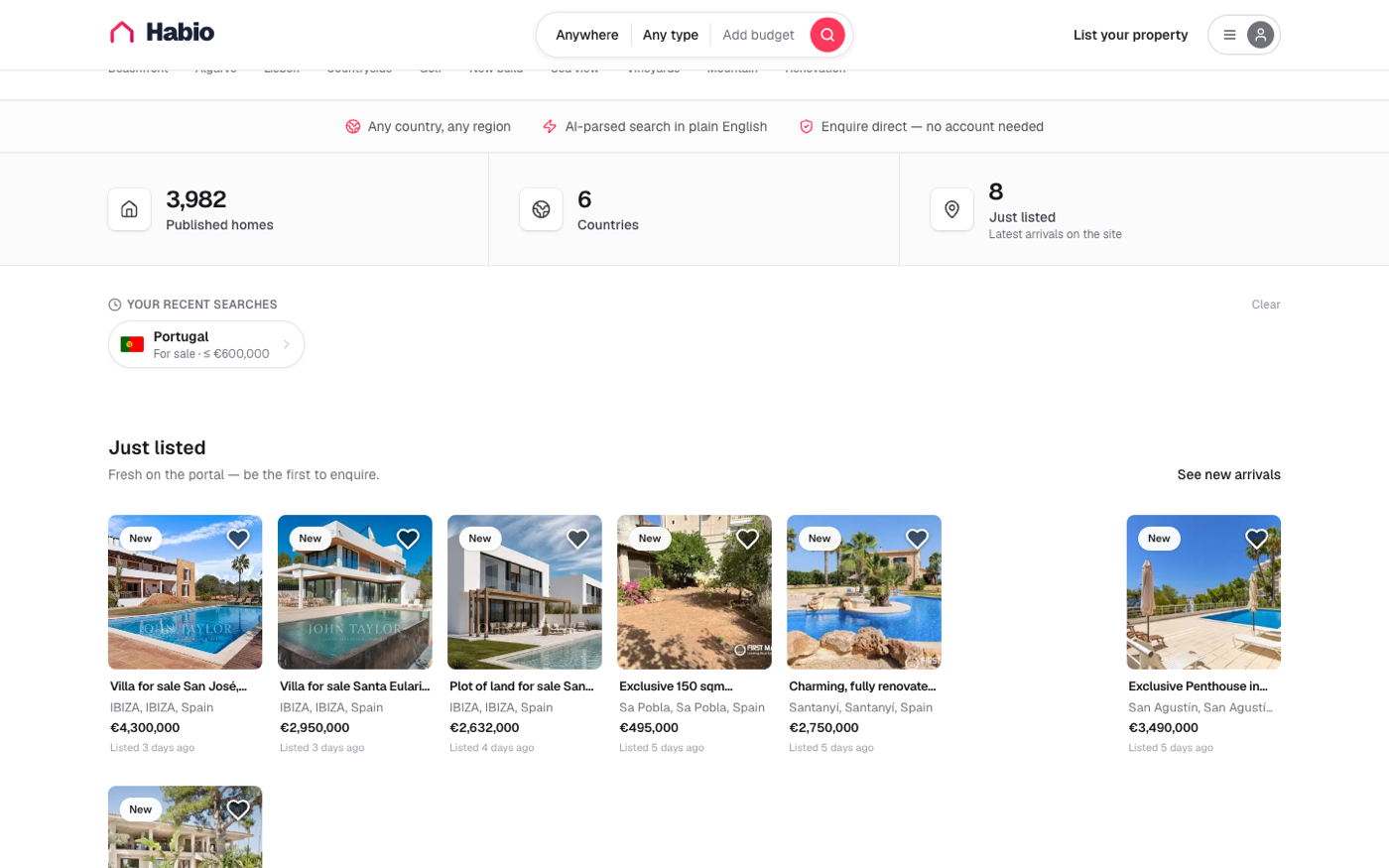 Habio just-listed property grid with photos and prices